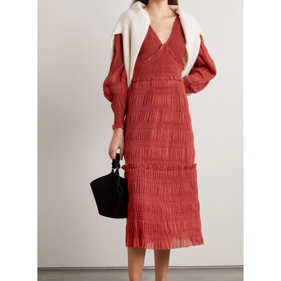 SEA NEW YORK Pasha Pleated Smocked Midi Dress Brick Red Medium‎ - Picture 1 of 8